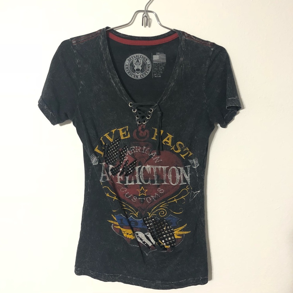 Affliction Women's Black Graphic Lace-Up V-Neck Tee